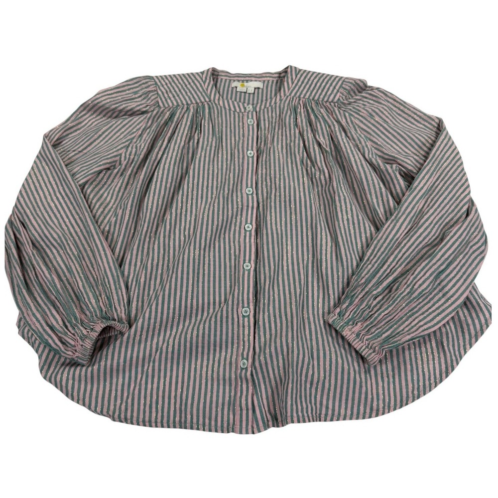 Boden Button Down Blouse Womens 4 Pink Teal Excellent Gold Lurex Stripe Top‎